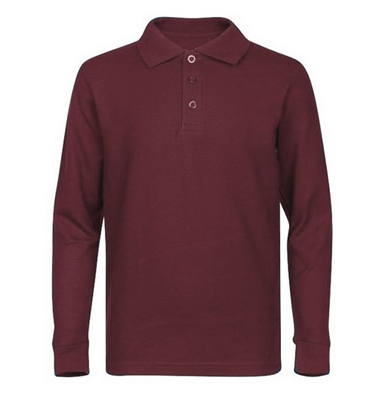 Wholesale Adult Size long Sleeve Pique Polo Shirt School Uniform in Burgundy. High School Uniform polo Shirts