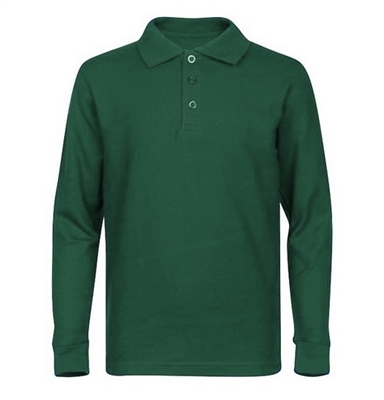 Wholesale Adult Size long Sleeve Pique Polo Shirt School Uniform in Hunter Green. High School Uniform polo Shirts