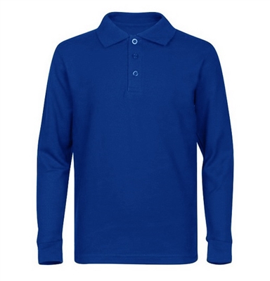 Wholesale Adult Size long Sleeve Pique Polo Shirt School Uniform in Royal Blue. High School Uniform polo Shirts