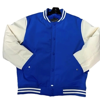 Wholesale Men's Varsity Style Jacket in Royal Blue with Cream Sleeves