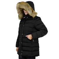 Wholesale Women's Heavyweight Long Jacket with Fur Hood in Black