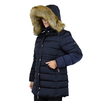 Wholesale Women's Heavyweight Long Jacket with Fur Hood in Navy