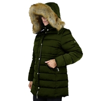 Wholesale Women's Heavyweight Long Jacket with Fur Hood in Olive Green