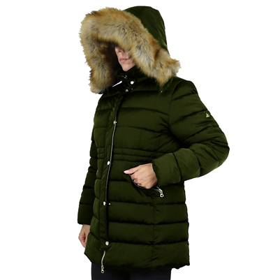 Wholesale Women's Heavyweight Long Jacket with Fur Hood in Olive Green