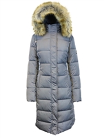 Wholesale Women's Heavyweight Long Bubble Parka Jacket with Fur Hood in Gunmetal