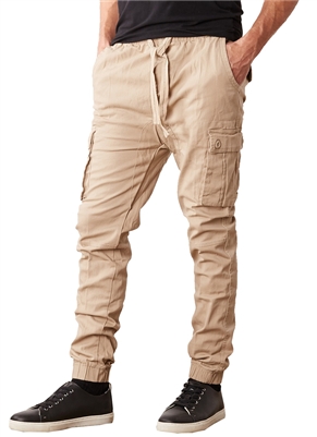 Wholesale Men's Cargo Drawstring Stretch Jogger Pants Khaki