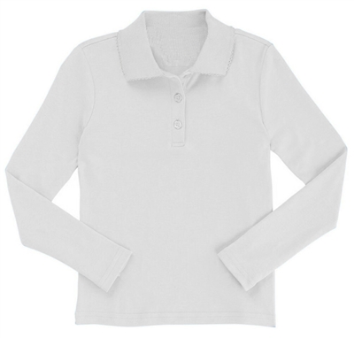 Wholesale Girls Long Sleeve Knit Polo with Picot Collar in White