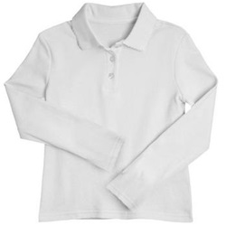 Wholesale Girls Long Sleeve Knit Polo with Picot Collar in White Size
